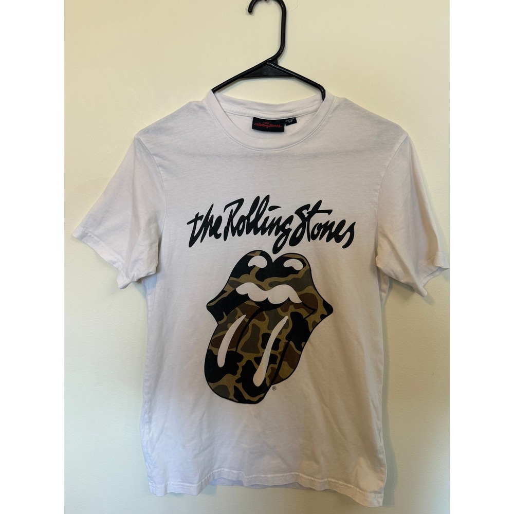 The Rolling Stones‎ Graphic Tee Womens S White Excellent Camo Tongue Logo Shirt